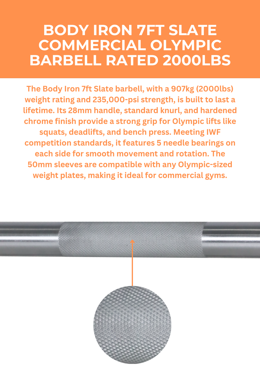 Body Iron 7ft Slate Commercial Olympic Barbell Rated 2000lbs