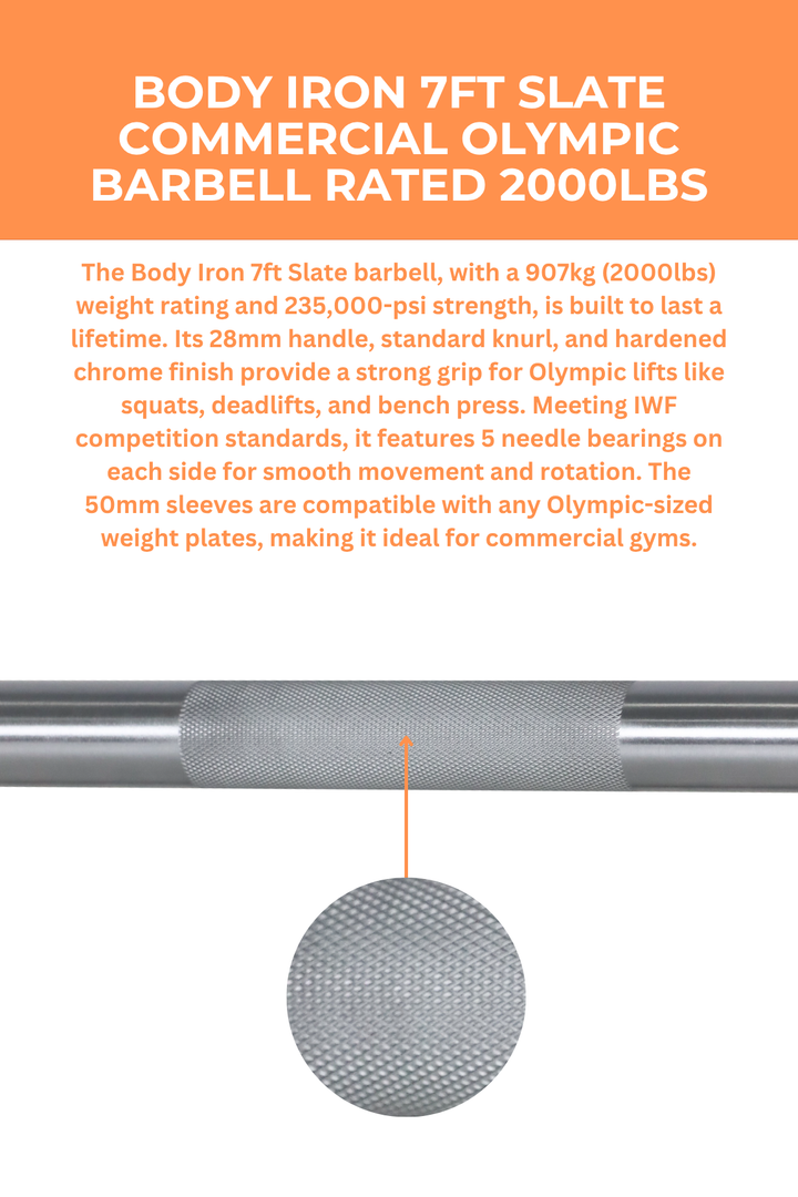 Body Iron 7ft Slate Commercial Olympic Barbell Rated 2000lbs