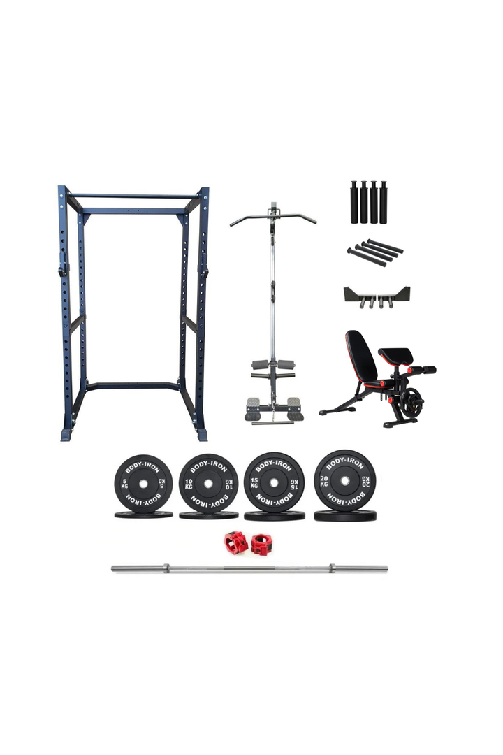 Body Iron CX88 Power Rack Elite Set + 120kg Olympic Barbell & Bumper Plate Set
