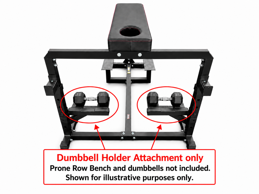 Black metal prone row bench with integrated dumbbell holders, shown on a white background with red circles and text indicating the dumbbell holder attachment only; the bench and dumbbells are shown for illustrative purposes.