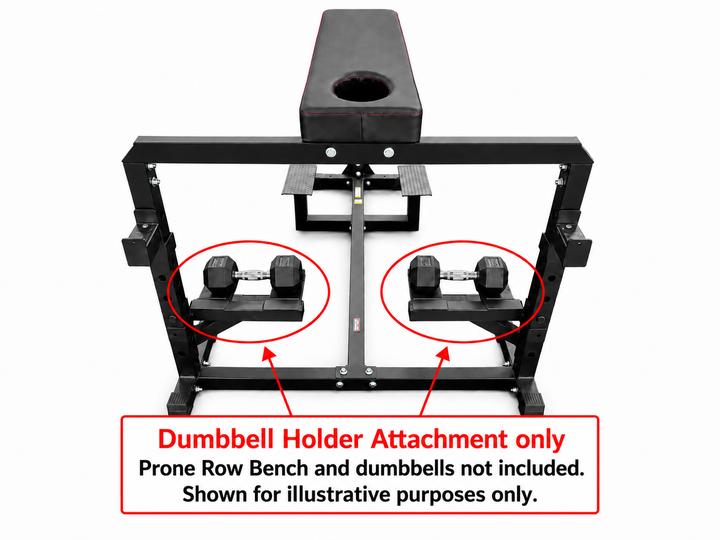 Black metal prone row bench with integrated dumbbell holders, shown on a white background with red circles and text indicating the dumbbell holder attachment only; the bench and dumbbells are shown for illustrative purposes.