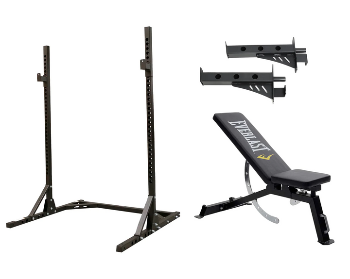 Body Iron Squat Stand Reinforced E2 Set + Everlast Utility FID Bench