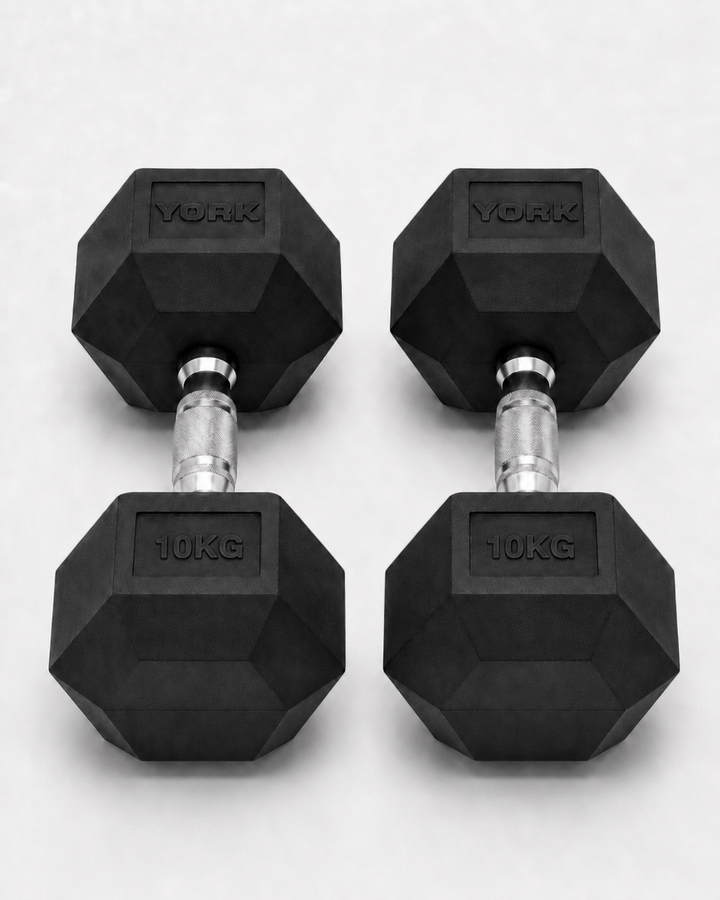 York 10kg Commercial Rubber Hex Dumbbell Pair