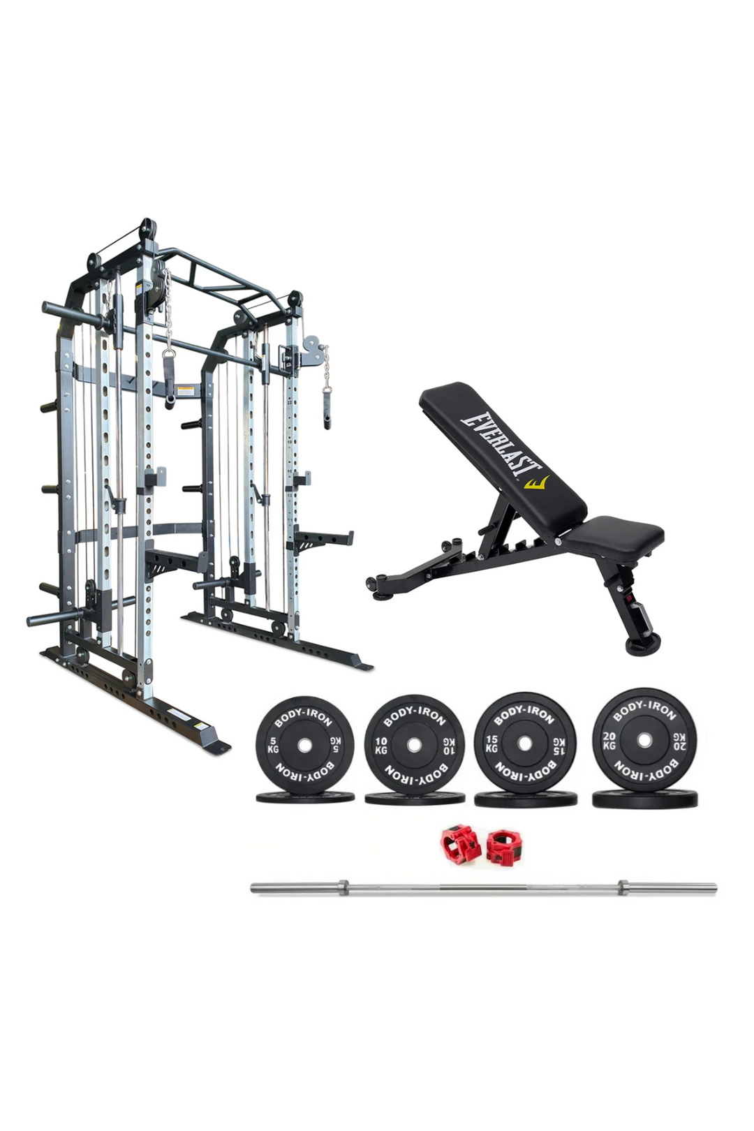 Body Iron All-In-One Functional Trainer FTG30 + Adjustable Bench + 120kg Olympic Barbell & Bumper Plate Set