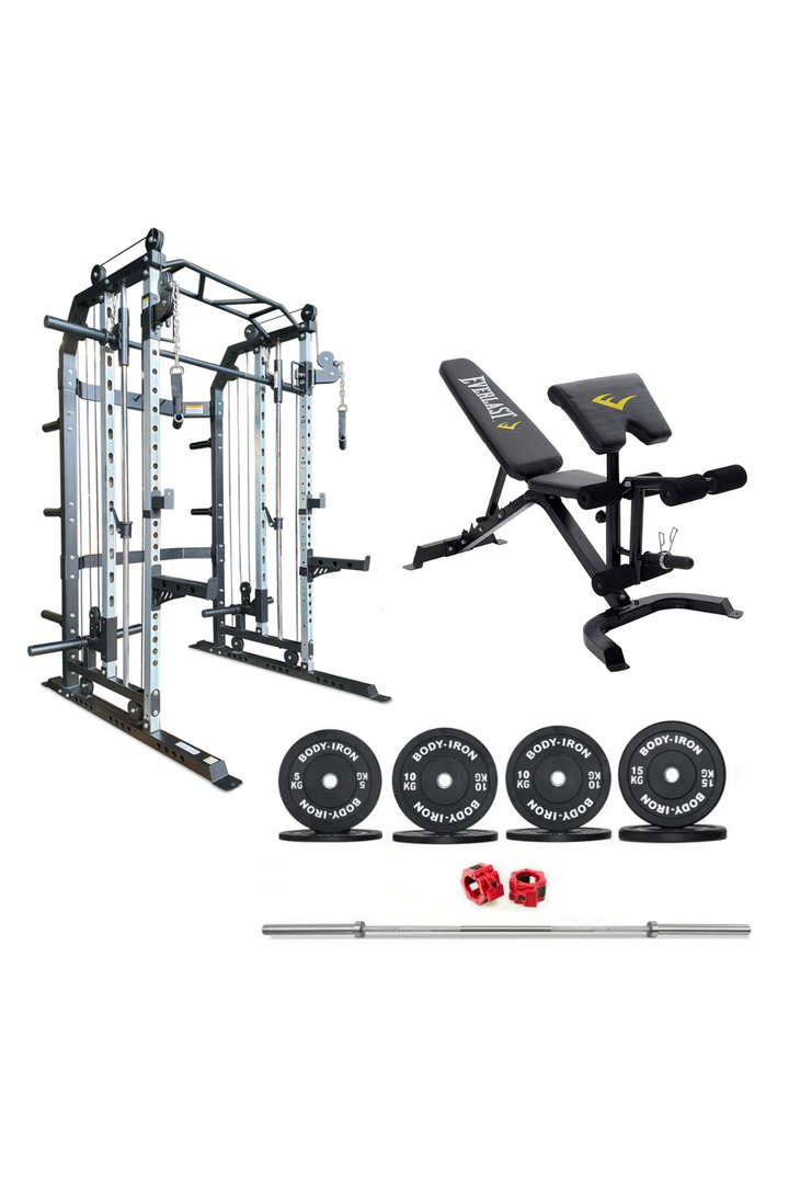 Body Iron All-In-One Functional Trainer FTG30 + Adjustable Bench + 100kg Olympic Barbell & Bumper Plate Set