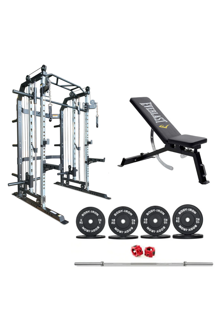 Body Iron All-In-One Functional Trainer FTG30 + Adjustable Bench + 100kg Olympic Barbell & Bumper Plate Set