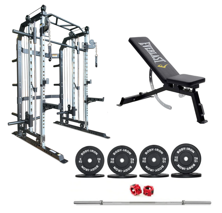 Body Iron All-In-One Functional Trainer FTG30 + Adjustable Bench + 100kg Olympic Barbell & Bumper Plate Set