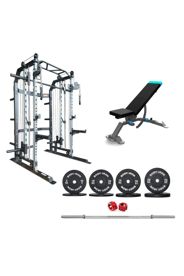 Body Iron All-In-One Functional Trainer FTG30 + Adjustable Bench + 120kg Olympic Barbell & Bumper Plate Set