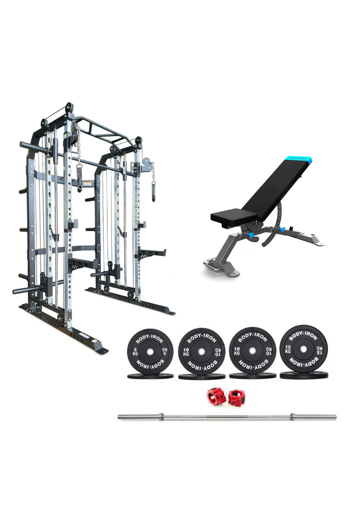 Body Iron All-In-One Functional Trainer FTG30 + Adjustable Bench + 100kg Olympic Barbell & Bumper Plate Set