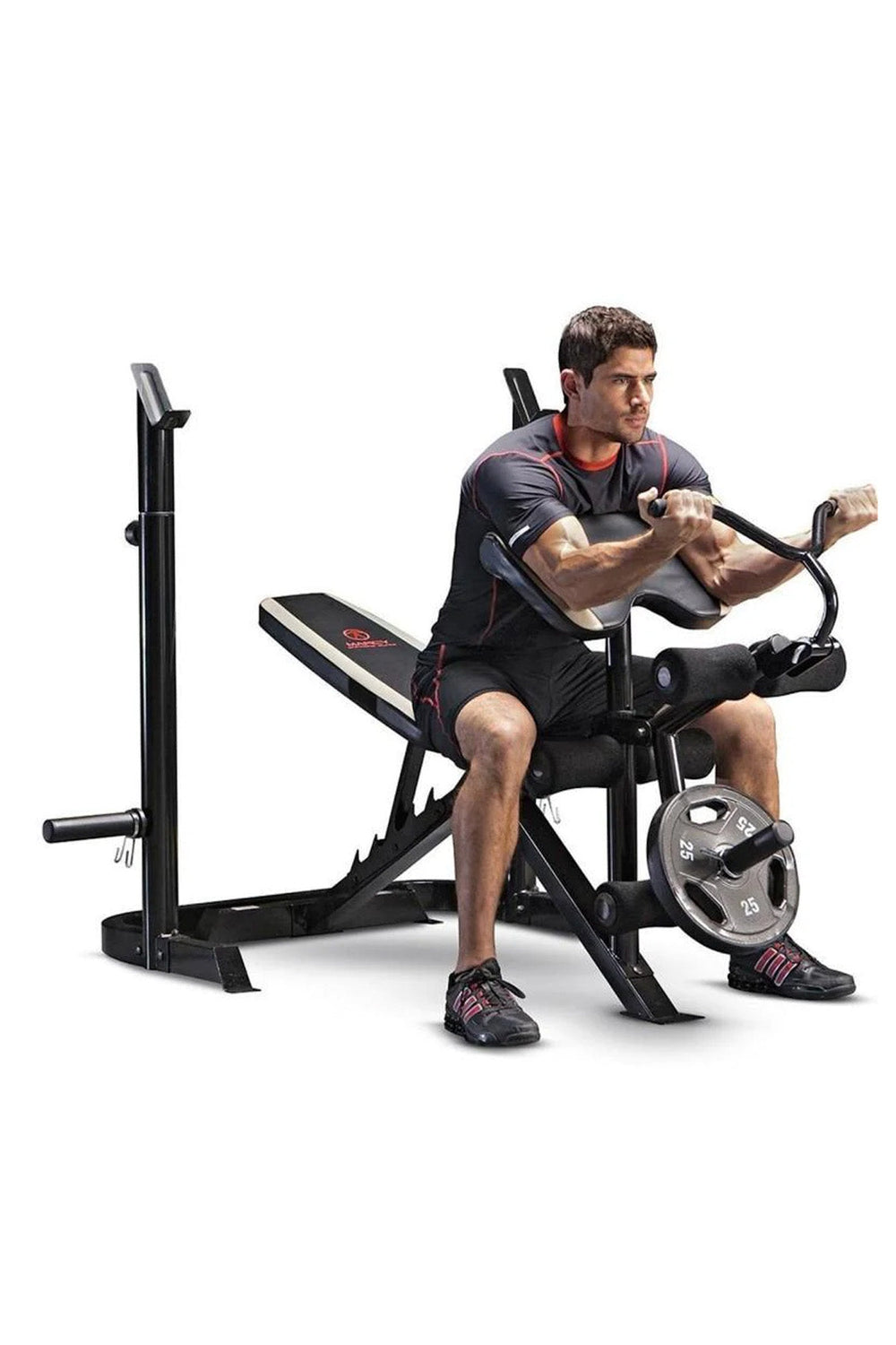 man performing preacher curl on weight bench