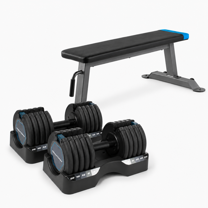 Adjustable dumbbells with black weight plates and blue accents, shown with two black adjustable weight benches on a light gray background.
