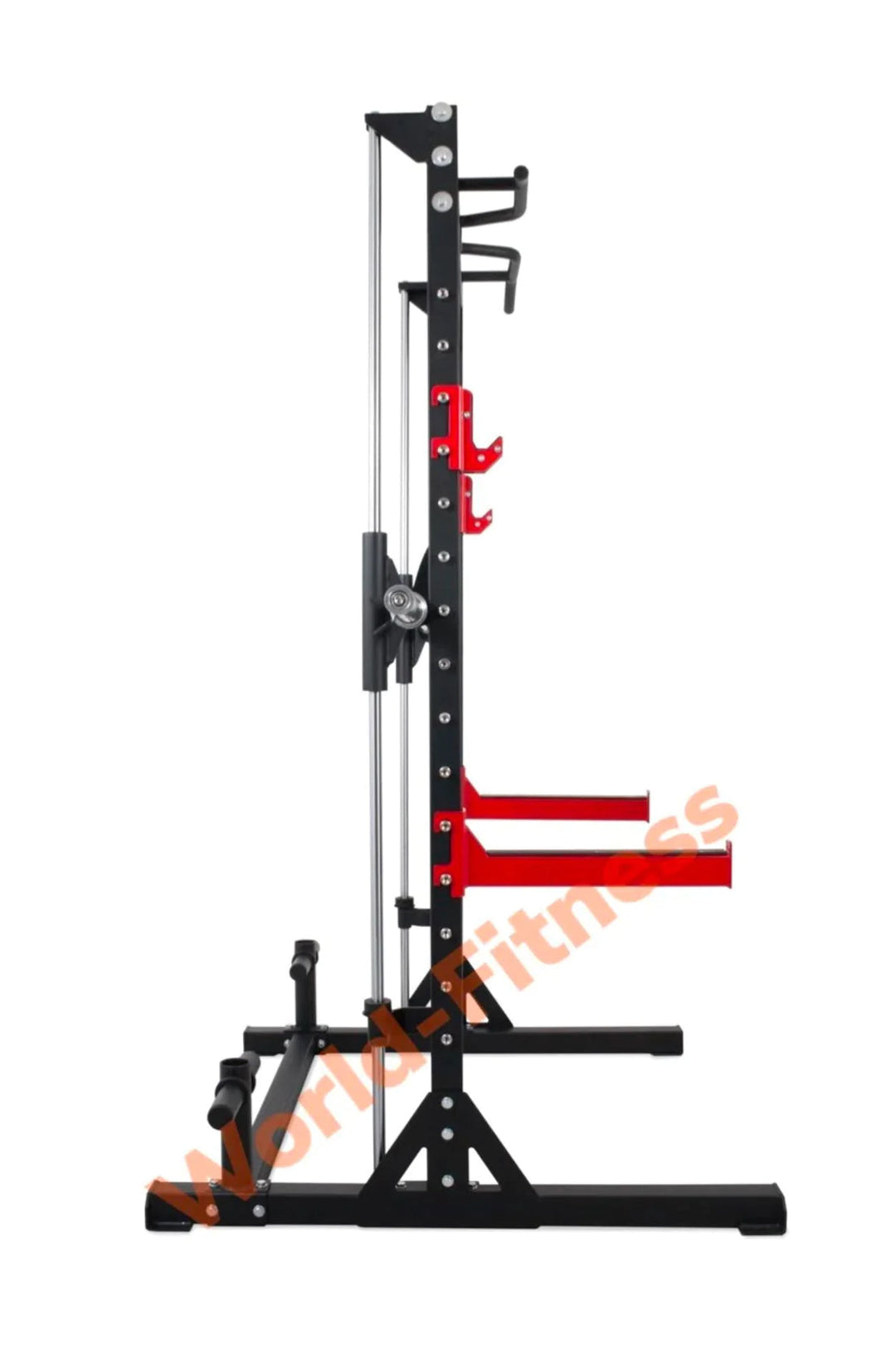 Side view of a red and black smith machine