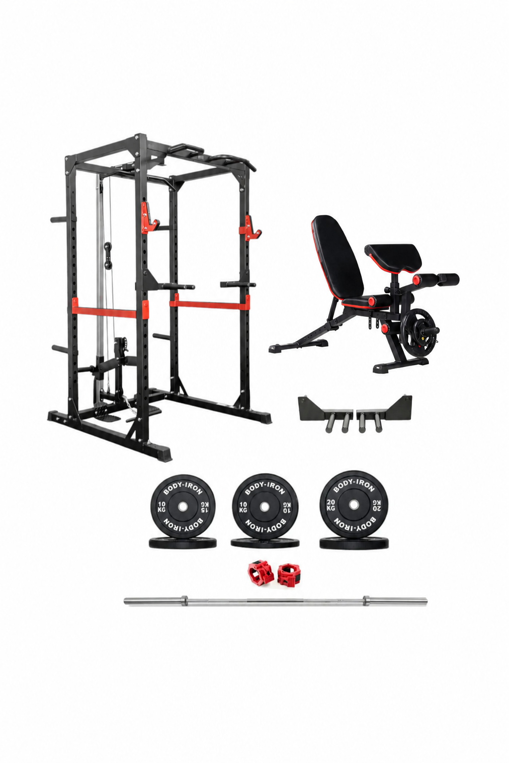 BodyIron® Studio PR700 Power Rack Elite Set + 110kg Olympic Barbell & Bumper Plate Set