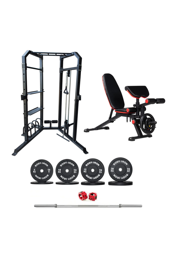 Body Iron Power Cage System MC350 Elite Set + 120kg Olympic Barbell & Bumper Plate Set