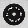 black 5kg bumper plate with white decal writing