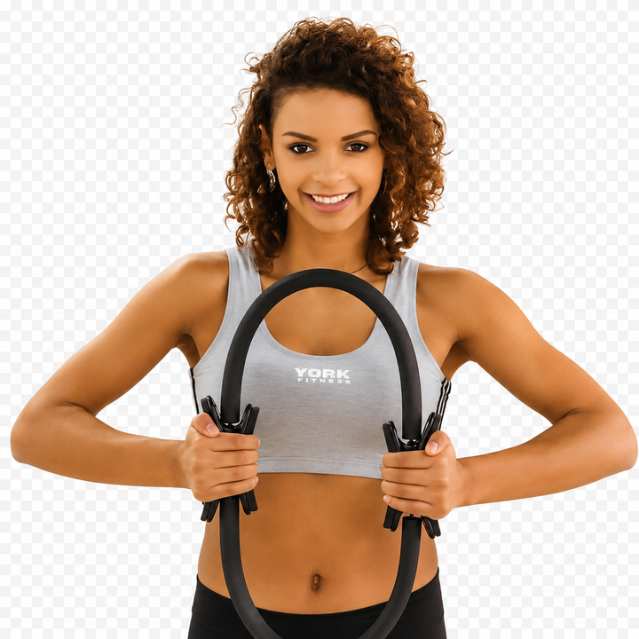 Woman holding exercise rings with York Fitness logo on a transparent background
