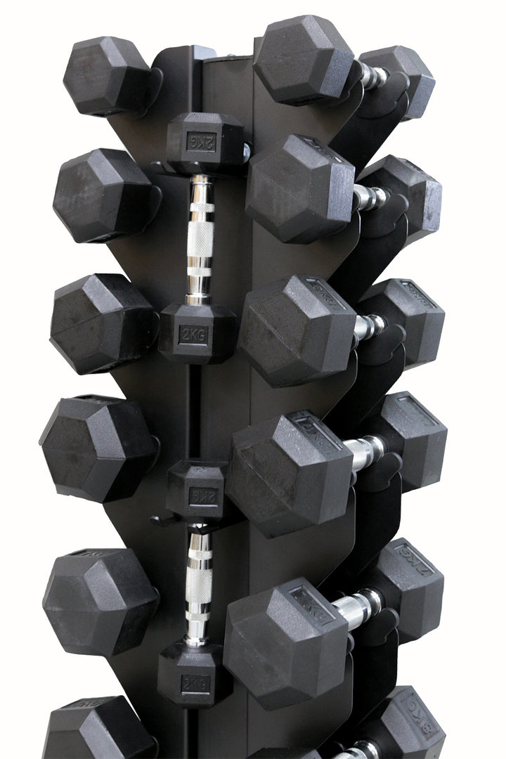 Hex dumbbells on storage stand