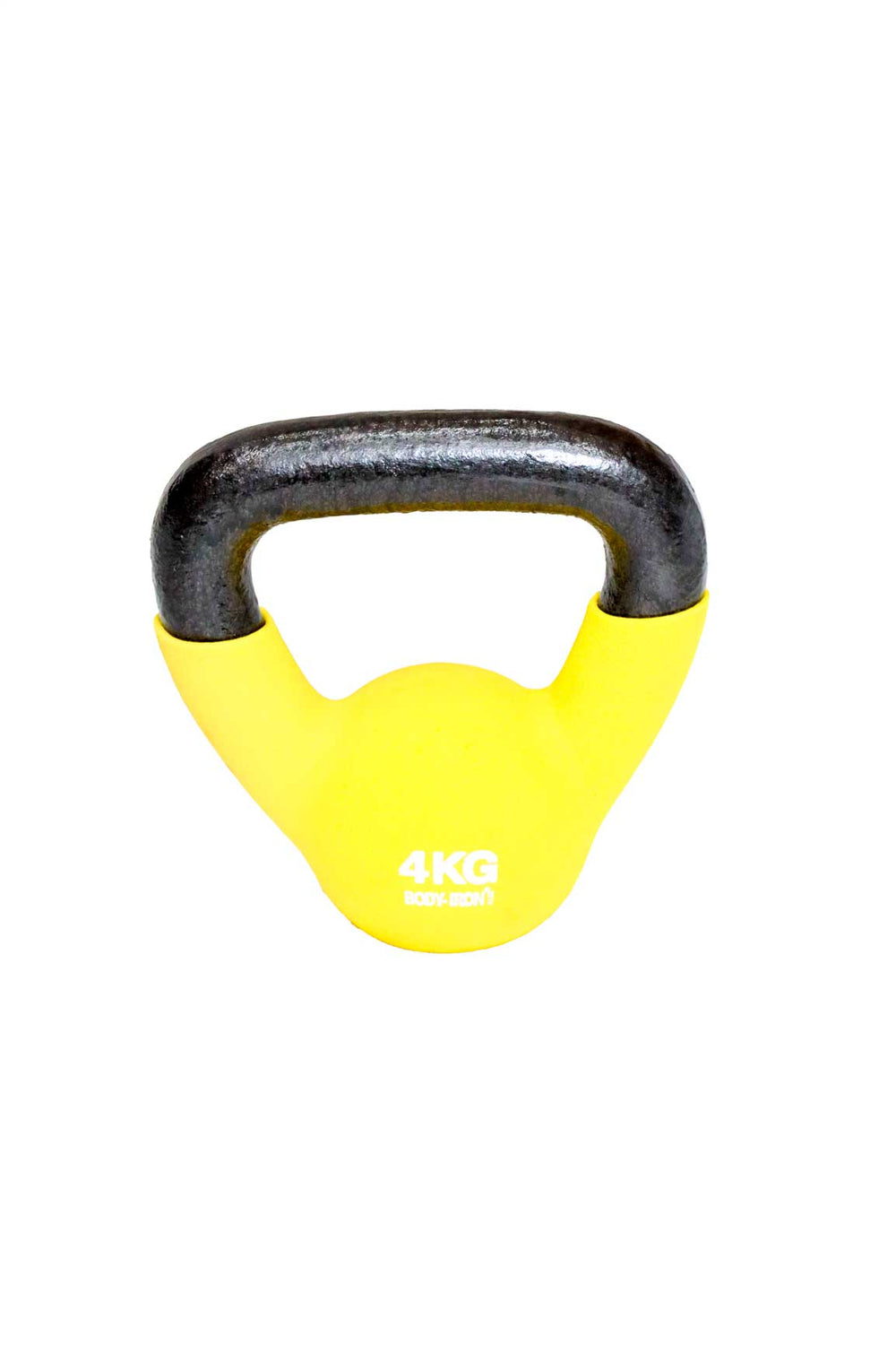 Yellow 4kg kettlebell with white writing