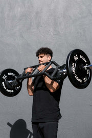Man grasping onto centre handles of Olympic swiss barbell