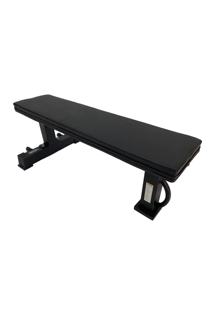 black flat bench with transport wheels and handle