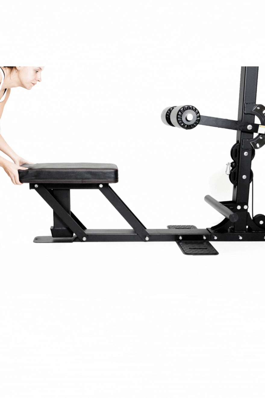 Female adjusting seat on Body Iron Commercial Lat Pull Down / Low Row