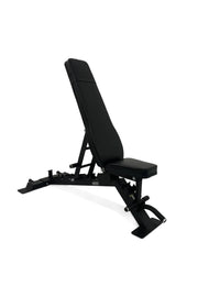 black adjustable weight bench in upright position