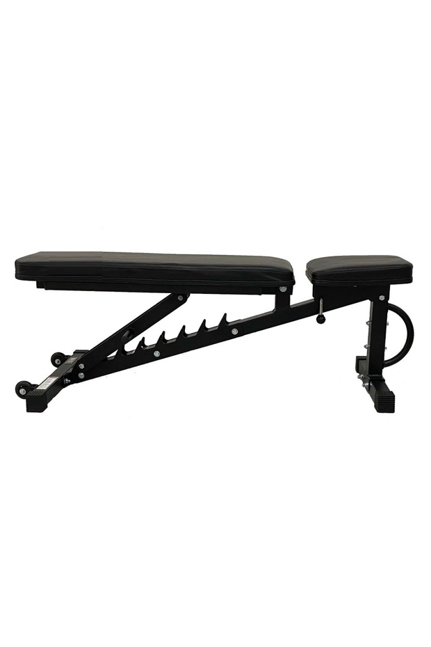 Black adjustable weight bench in flat position