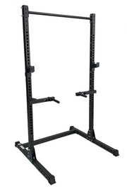 Black squat rack with dip bars