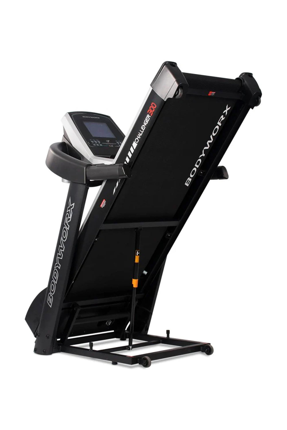 Bodyworx Challenger Treadmill in it's folded, compact form