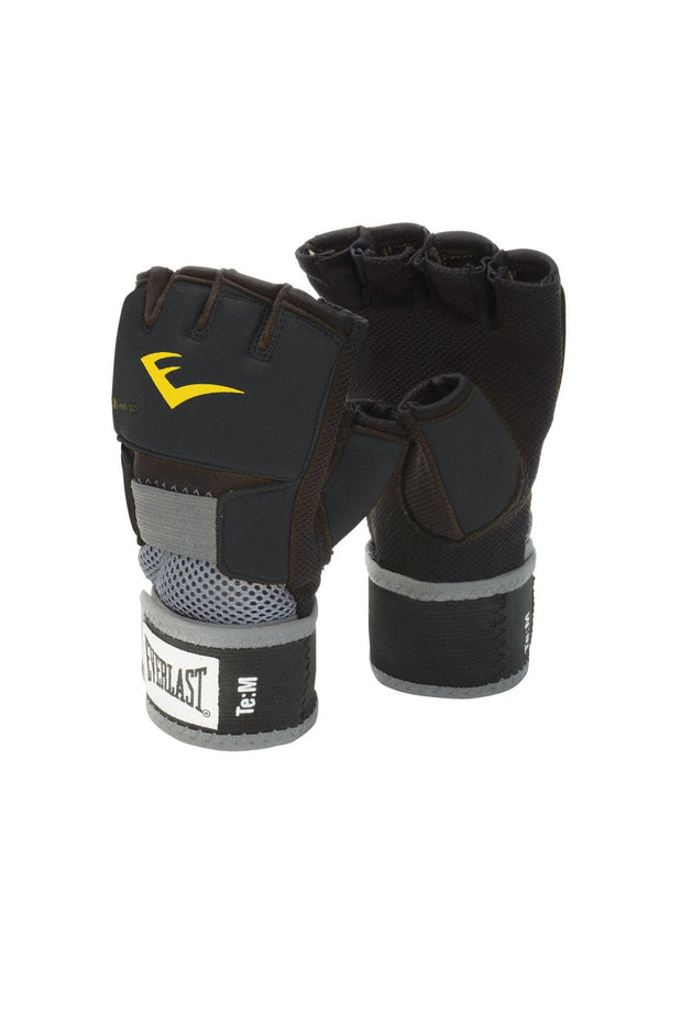 Black coloured Everlast Evergel Hand Wraps with a yellow letter E