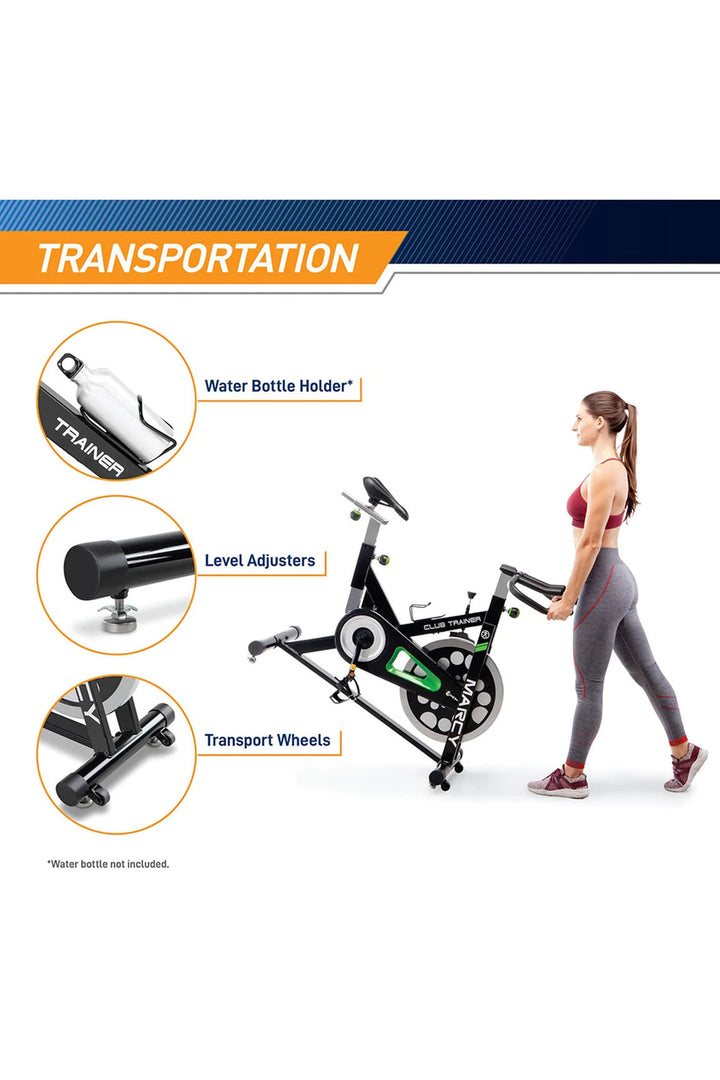 Female using wheels to move Marcy Club Trainer Spin Bike