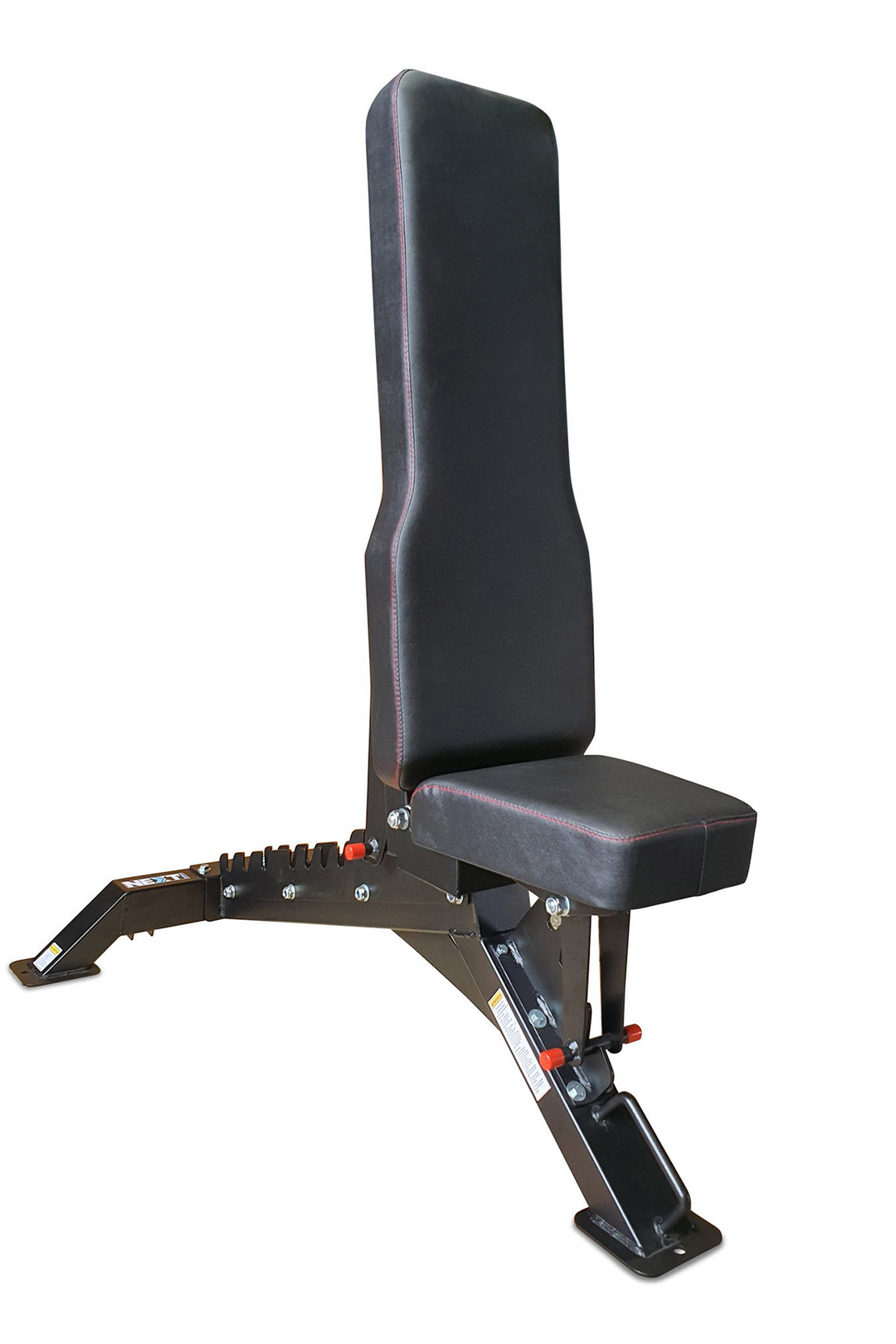 black vinyl weight bench in seated position
