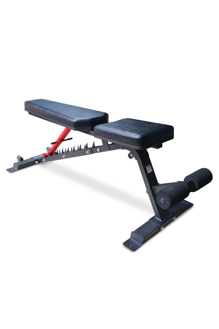 Black adjustable workout bench with red ladder and leg stabiliser
