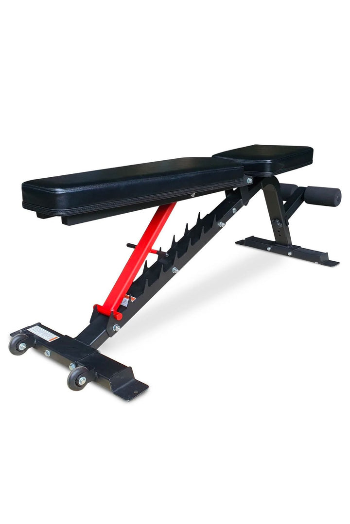 Black FID bench with transport wheels and red adjustment panel