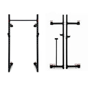 Body Iron Wall Mounted Folding Squat Rack R1 comparison photo of rig assembled and folded for storage