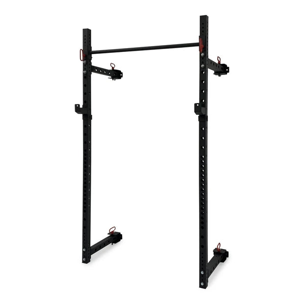 Black powder coated wall mounted gym rig with red adjustment knobs