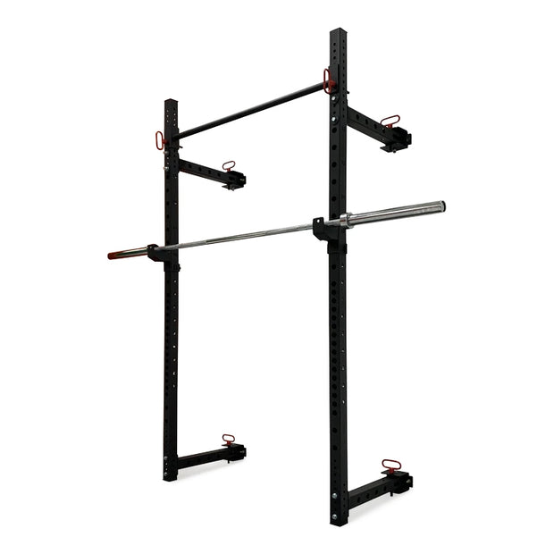 Body Iron Wall Mounted Folding Squat Rack R1 with barbell on J-hooks