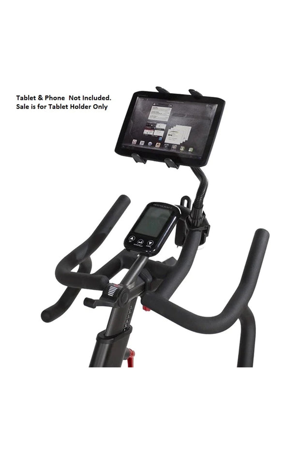 black spin bike phone / tablet holder secured to bike handles