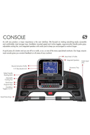 Console display on Spirit SXT685 treadmill with labelled arrows pointing to each unique feature
