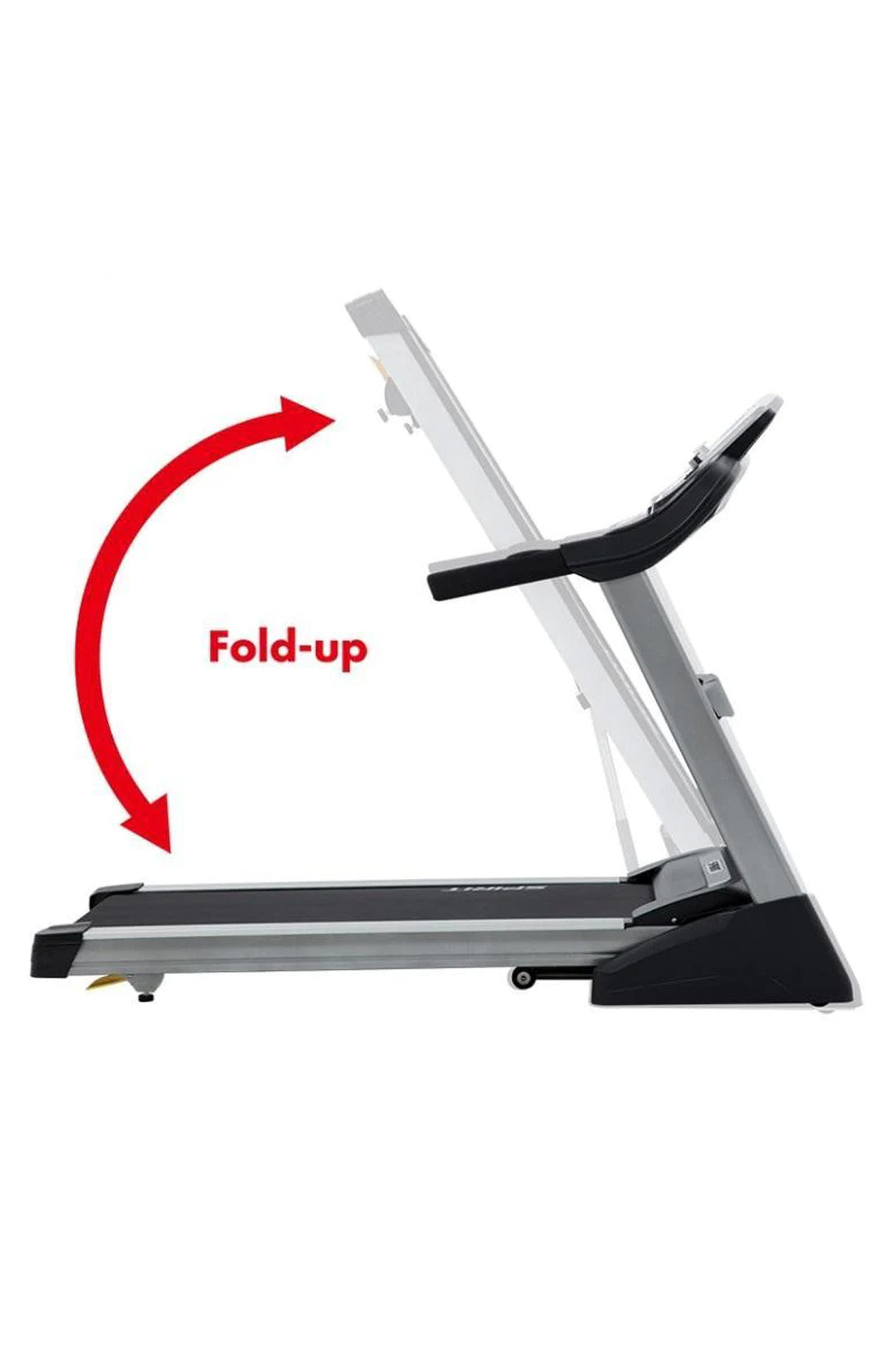 Diagram demonstrating how a treadmill can be folded for easy storage