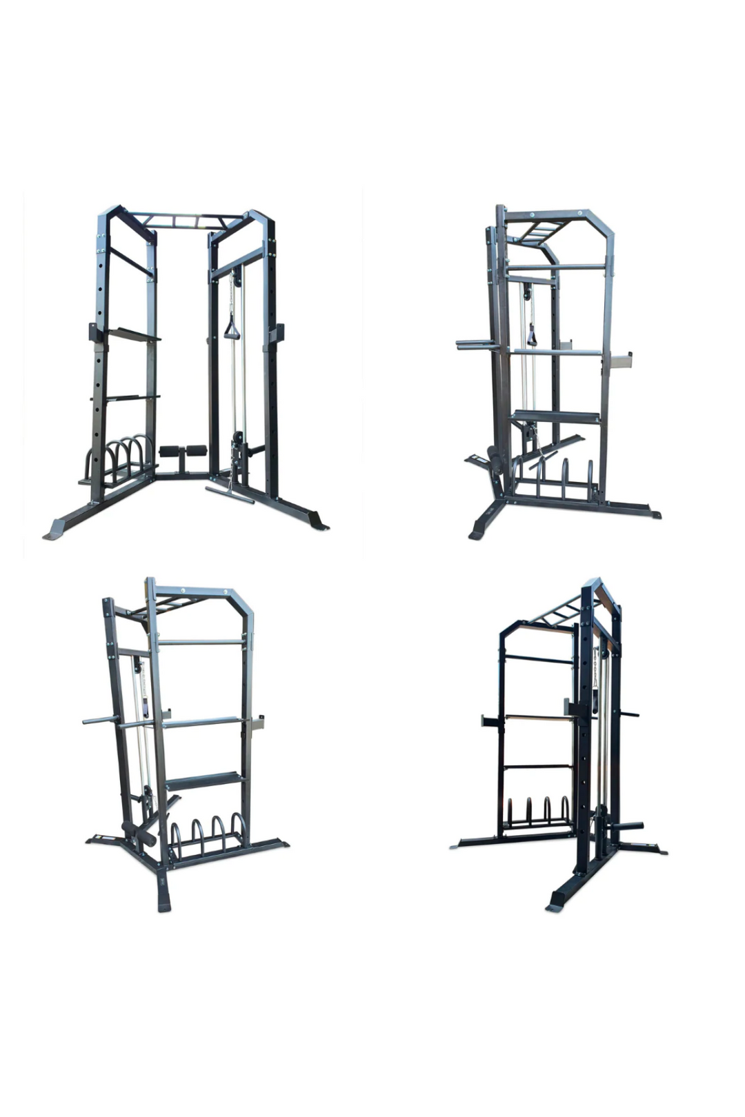 Grey half rack with pulley system and weight plate storage