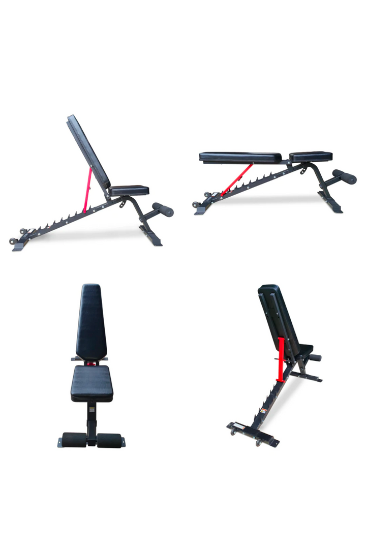Black and red adjustable exercise bench
