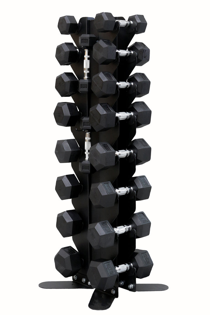 Body Iron Commercial Vertical Hex Dumbbell Rack with dumbbells attached
